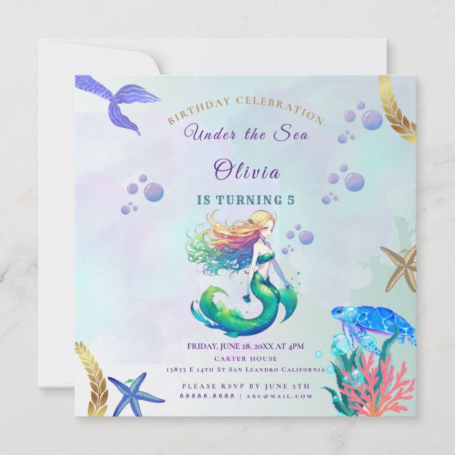 Convites Aniversário de Sereia Roxa e Dourada sob o Mar (Frente)
