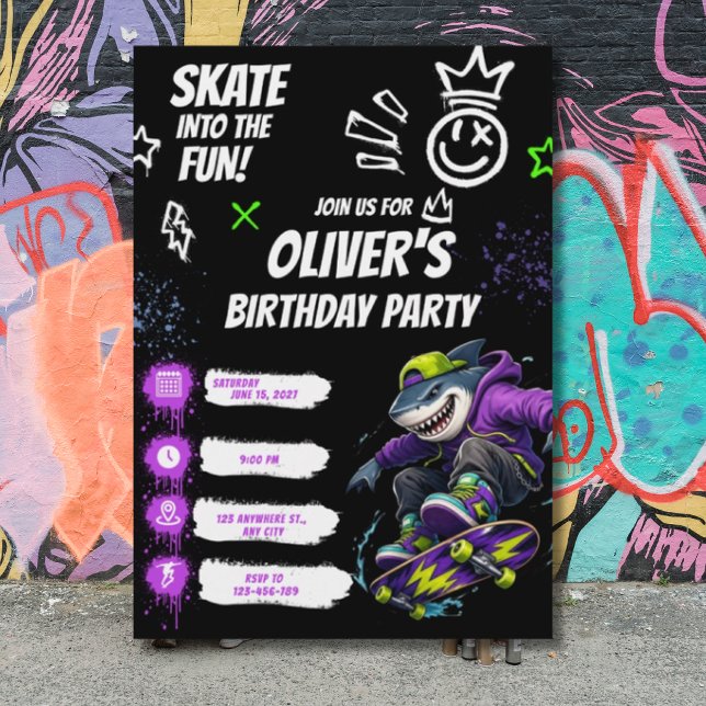 Convites Aniversário de Skate Cool Shark (Criador carregado)