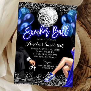 Convites Aniversário de Sneaker Ball Azul Real e Prata Disc