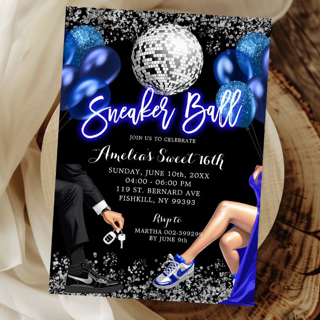 Convites Aniversário de Sneaker Ball Azul Real e Prata Disc (Criador carregado)