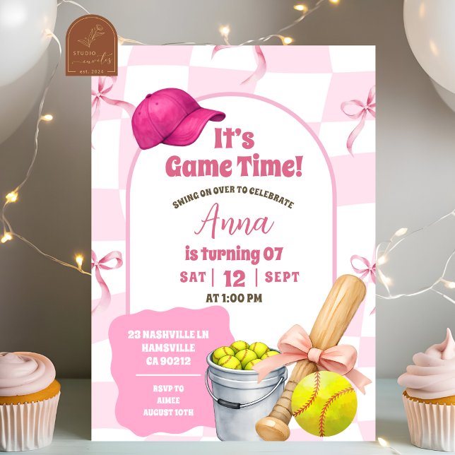 Convites Aniversário de Softbol Blush Pink com Laço Retro O (Criador carregado)