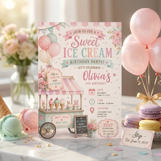 Convites Aniversário de Sorvete Pastel | Doce Vintage (Criador carregado)