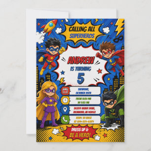 Convites Aniversário de Super-Herói de Quadrinhos Digital P