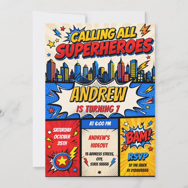 Convites Aniversário de Super-Herói Personalizado (Frente)