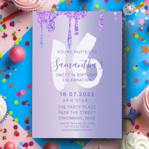 Convites Aniversário de Sweet 16 Roxo Metálico & Gotas de B