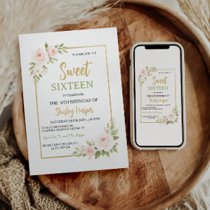 Convites Aniversário de Sweet Sixteen em Letra Dourada Flor