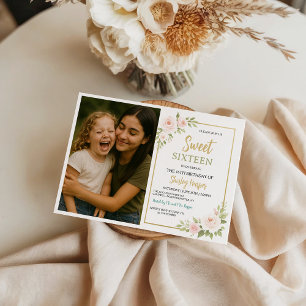 Convites Aniversário de Sweet Sixteen em Letra Dourada Flor