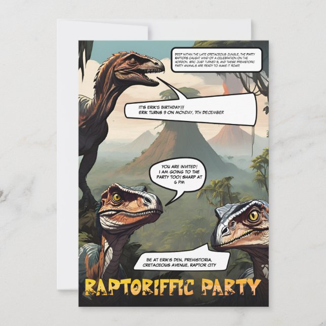 Convites Aniversário de Tema de Romance Gráfico de Dinossau (Frente)