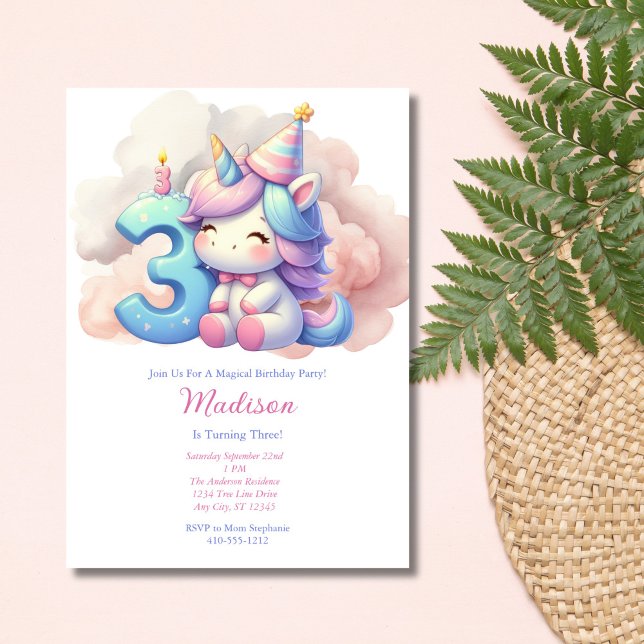 Convites Aniversário de Terceiro 3º Rosa Azul Roxo Menina  (Unicorn 3rd Third Birthday Party Invitation for Girl. Pink Blue Purple, Printed or Instant Digital )