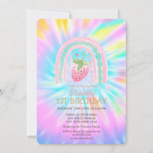 Convites Aniversário de Tie Dye de Morango Arco-íris Aquare