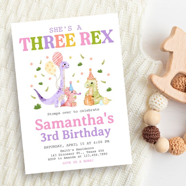 Convites Aniversário de Três Dinossauros Rex (Dinosaur 3rd Birthday Invitation)