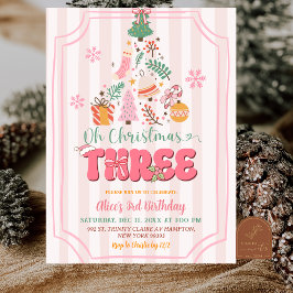 Convites Aniversário de Três Natal Menina Rosa Fofo Retro