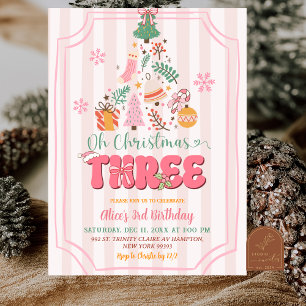 Convites Aniversário de Três Natal Menina Rosa Fofo Retro
