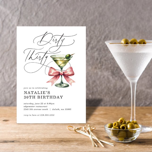 Convites Aniversário de Trinta Anos Minimalista com Laço Ro (Minimalist Dirty Thirty Martini Pink Bow Birthday Invitation)