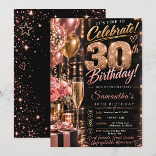 Convites Aniversário de Trinta Anos Rose Gold Glam