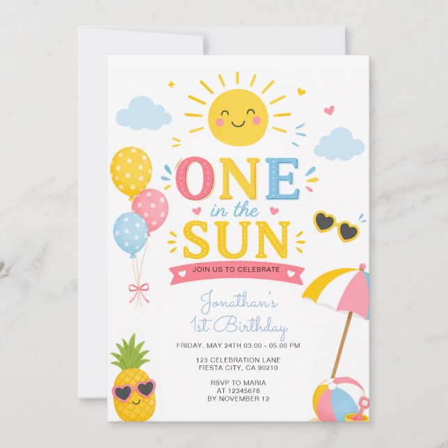 Convites Aniversário de Um Ano ao Sol Verão Ensolarado (Frente)
