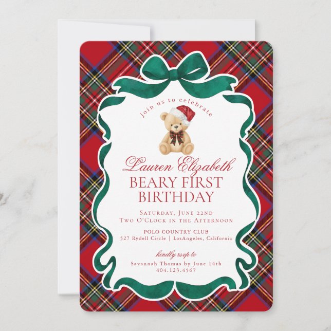 Convites Aniversário de Um Ano Beary Xadrez Tartã Vermelha  (Frente)