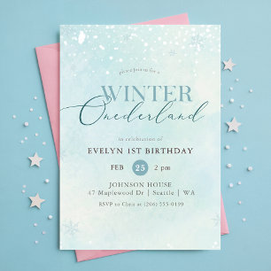Convites Aniversário de Um Ano Blue Winter Onederland Floco