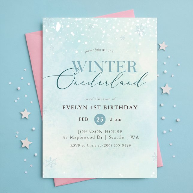 Convites Aniversário de Um Ano Blue Winter Onederland Floco (Criador carregado)