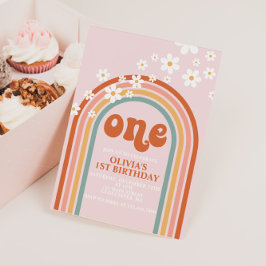 Convites Aniversário de um ano Boho Daisy arco-íris