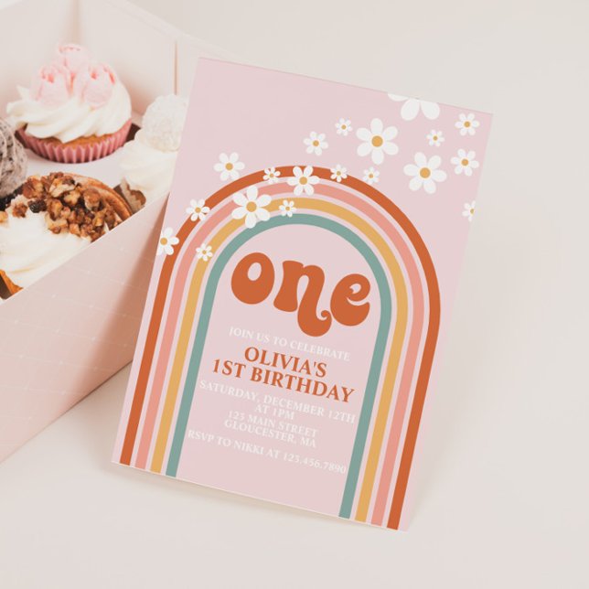 Convites Aniversário de um ano Boho Daisy arco-íris (Criador carregado)