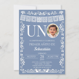 Convites Aniversário de Um Ano com Foto UNO em Azul Empoeir