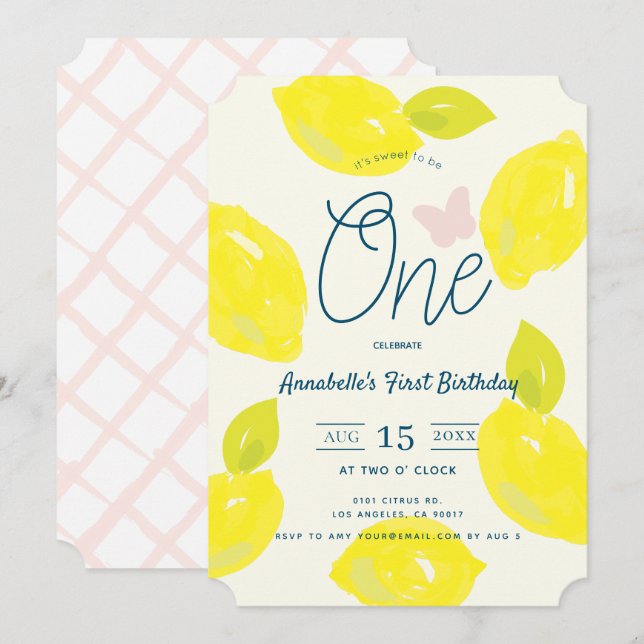 Convites Aniversário de Um Ano com Limão Pintado à Mão e Xa (Frente/Verso)