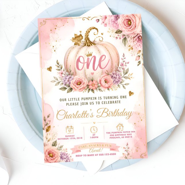 Convites Aniversário de Um Ano da Abóbora Rosa (Criador carregado)