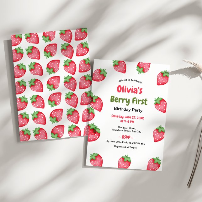 Convites Aniversário de um ano da Berry Morango  (Berry First Birthday Strawberry 1st Birthday Invitation )