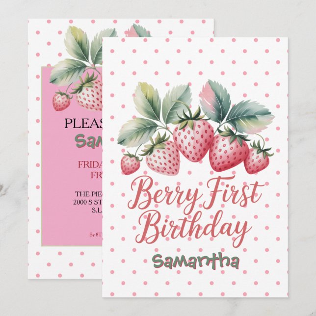 Convites Aniversário de um ano da Berry Morango Um Doce Ber (Frente/Verso)