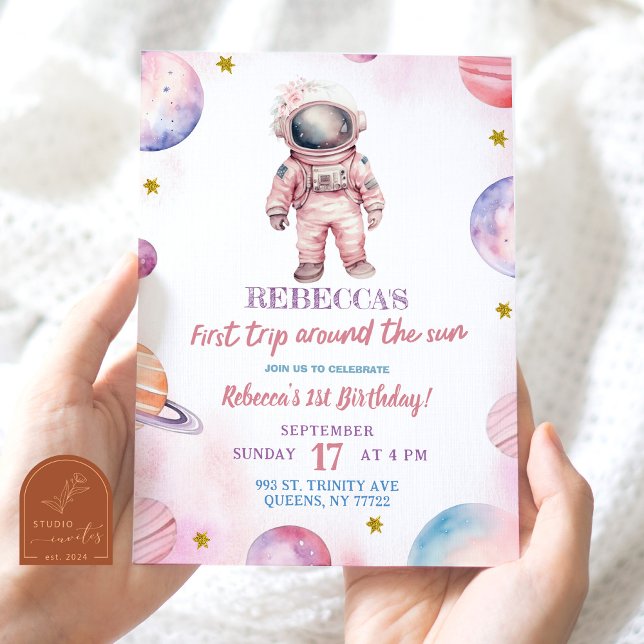 Convites Aniversário de Um Ano da Menina Astronauta Minimal (Criador carregado)