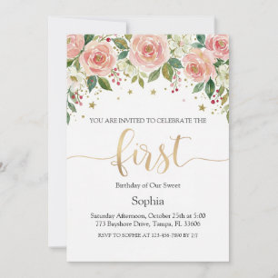 Convites Aniversário de um ano da menina floral aquarela ro