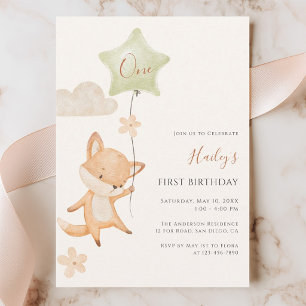 Convites Aniversário de um ano da raposa fofa aquarela em b