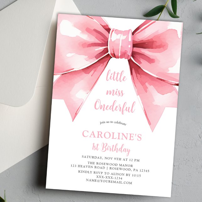 Convites Aniversário de Um Ano de Menina com Laço Rosa Mode (Criador carregado)