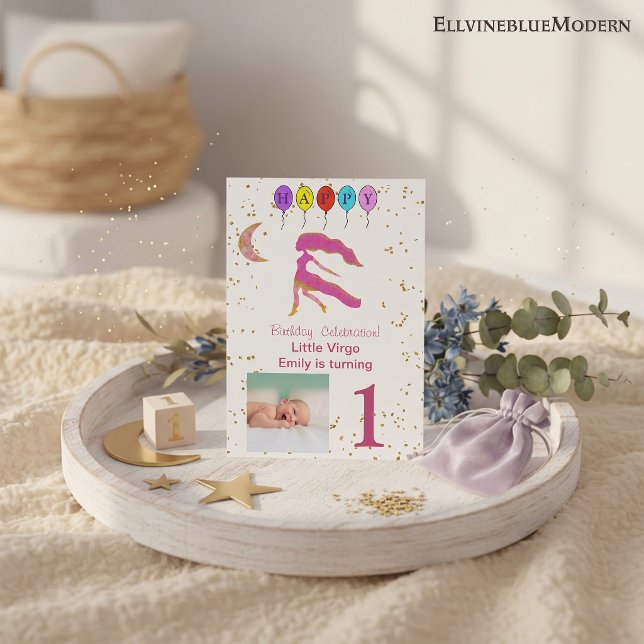 Convites Aniversário de um ano de Virgem em Ouro, Balões &  (Virgo 5” x 7” Photo Invite. Visit Virgo Zodiac Birthday Party Collection for more items.)
