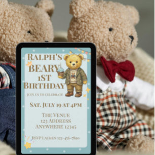 Convites Aniversário de Um Ano do Beary Azul Marrom Elegant