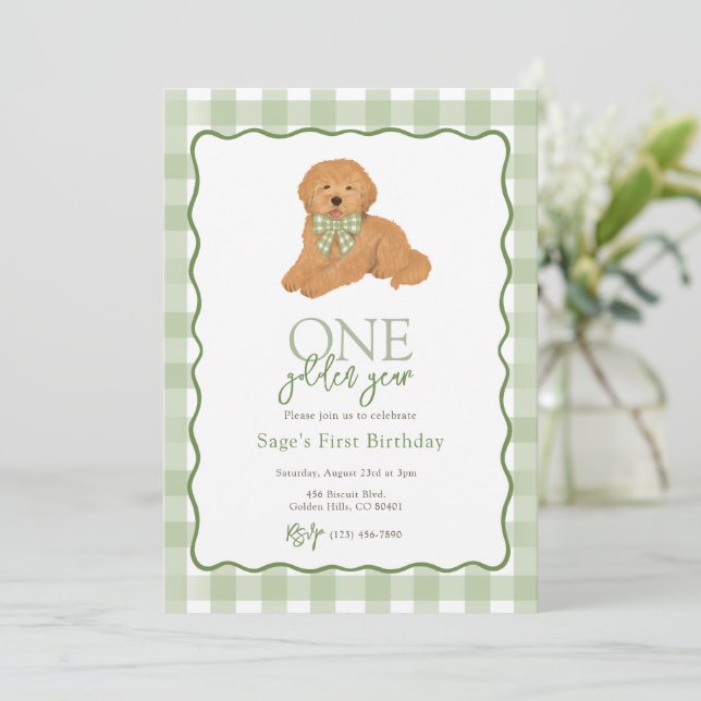 Convites Aniversário de Um Ano do Cachorro Verde Golden (Em pé/Frente)