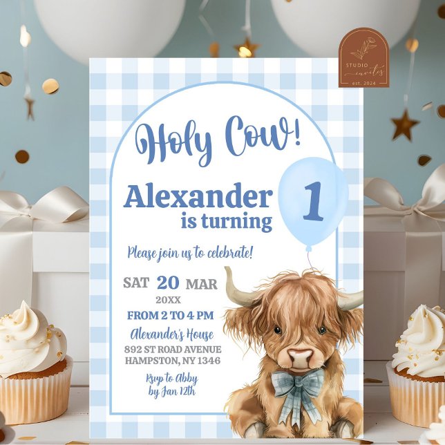 Convites Aniversário de Um Ano do Caubói Azul Gingham Prépp (Criador carregado)
