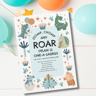 Convites Aniversário de Um Ano do Dino Stomp Chomp e Roar