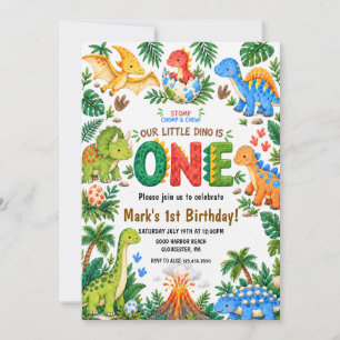 Convites Aniversário de Um Ano do Dinossauro Colorido