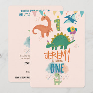 Convites Aniversário de um ano do dinossauro pastel fofo