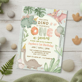 Convites Aniversário de um Ano do Dinossauro Verde Pastel F