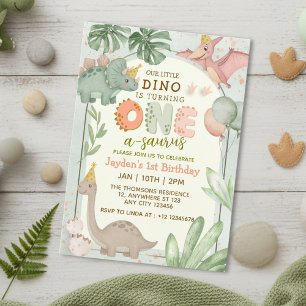 Convites Aniversário de um Ano do Dinossauro Verde Pastel F