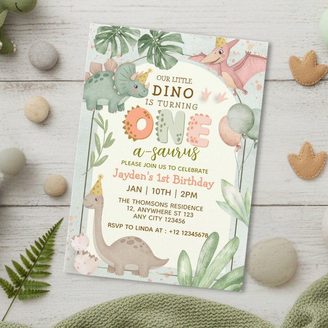 Convites Aniversário de um Ano do Dinossauro Verde Pastel F (Criador carregado)