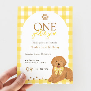 Convites Aniversário de um ano do Goldendoodle com Xadrez A
