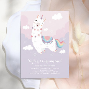 Convites Aniversário de um ano do Llamacorn Pastel Arco-íri