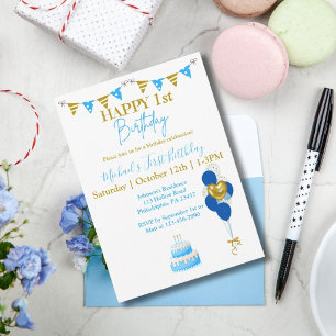 Convites Aniversário de Um Ano do Menino Azul Balões Dourad