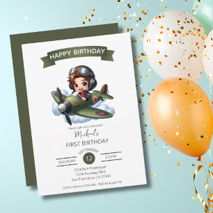 Convites Aniversário de Um Ano do Menino Piloto Avião Antig