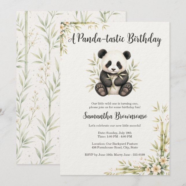 Convites Aniversário de um ano do Panda Fofo (Frente/Verso)