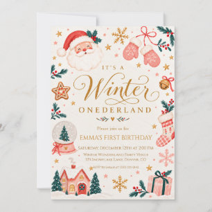 Convites Aniversário de Um Ano do Papai Noel Rosa Inverno O